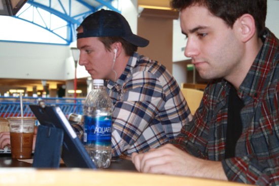 Sophomore Nick Lalonde, left, and senior Josh Roth, right, study for midterms together at Park Library on Thursday, Feb. 23.